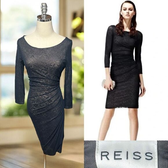 REISS Sheer Lace Underlay Ruched Bodycon MIDI Dress Size 8 US UK 12 - Picture 1 of 12